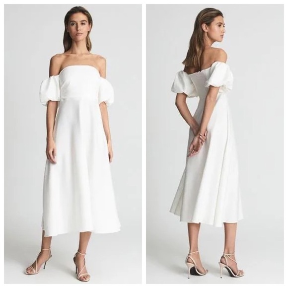 Reiss Dresses & Skirts - Reiss Shona Puff Sleeve Off Shoulder Midi Dress Fit And Flare Linen Blend Size 4